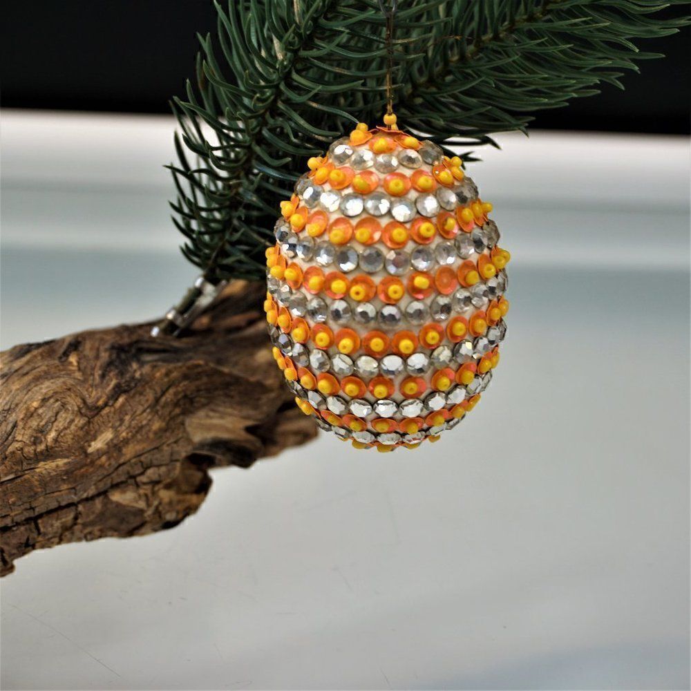 Christmas Ornament Sequined Jeweled Egg Shapped Vintage Tree Decoration